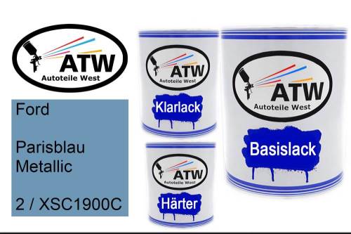Ford, Parisblau Metallic, 2 / XSC1900C: 1L Lackdose + 1L Klarlack + 500ml Härter - Set, von ATW Autoteile West.